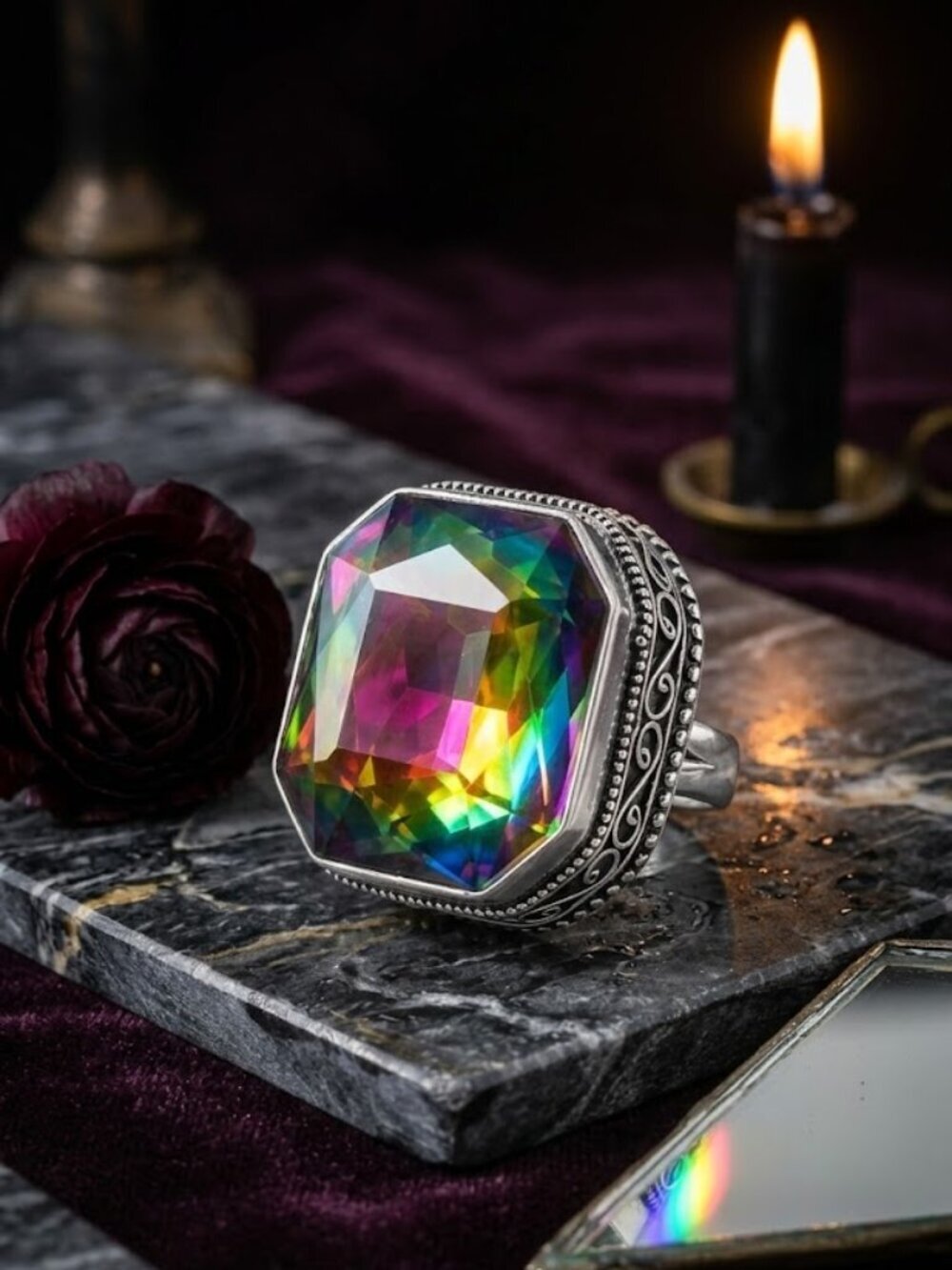 925 Sterling Silver Rainbow Crystal Filigree Statement Ring Whimsigoth Mob Wife